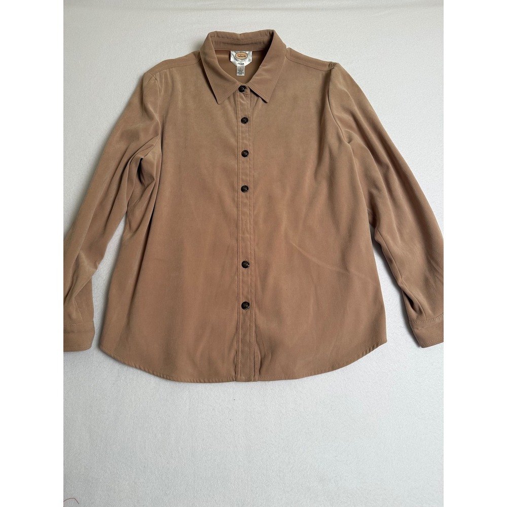 Talbots Stretch Button Down Shirt Womens L Tan Camel Faux Suede Long Sleeve Top